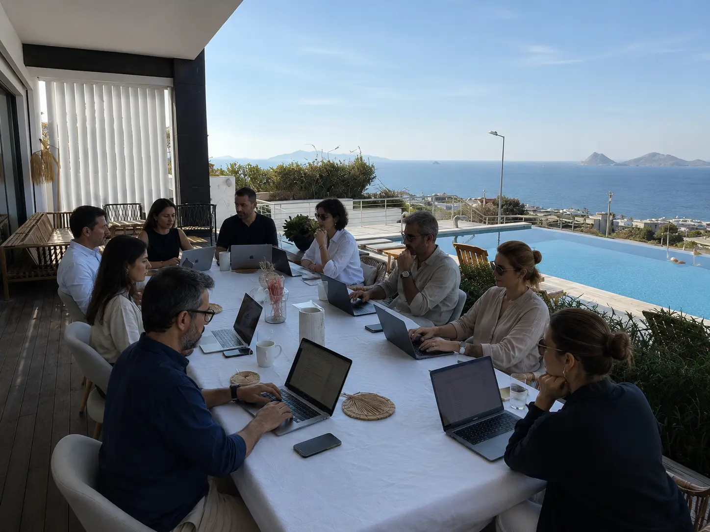 Team seated around a long table beside the pool at Marinhill in Bodrum during a working session