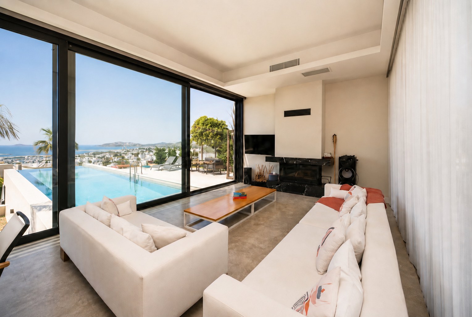 Vistaport B villa lounge with fireplace, group accommodation in Bodrum