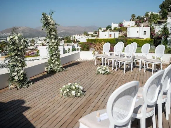 Private villa wedding venue in Turgutreis, Bodrum, set for a ceremony by the marina
