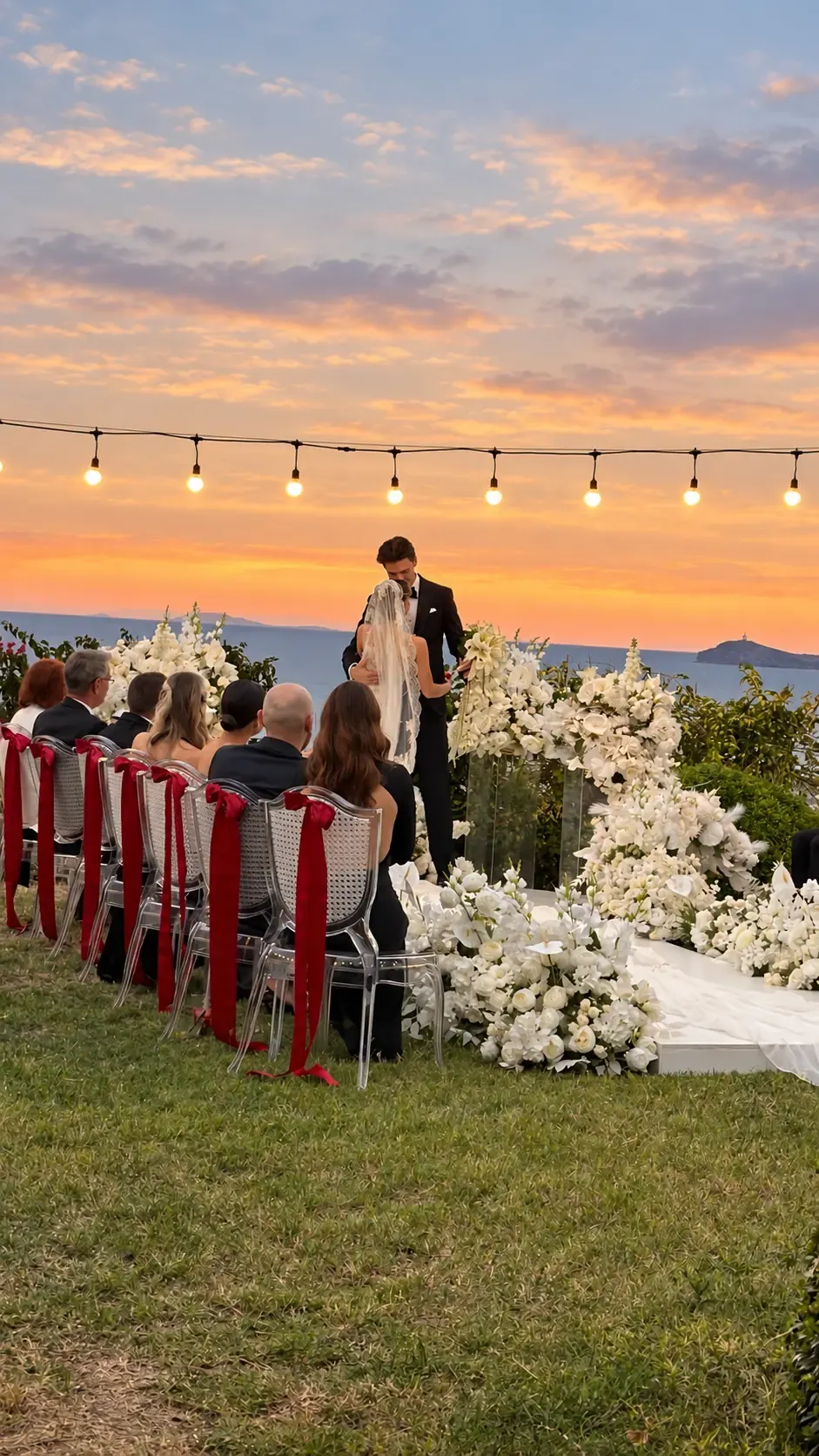 Private garden wedding at Marinhill in Bodrum, under string lights at sunset