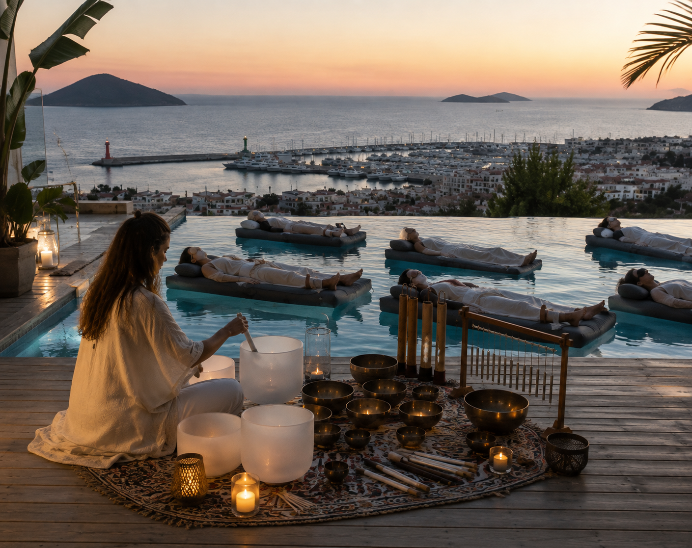Floating sound bath session at Marinhill infinity pool with therapist, singing bowls and Bodrum sea view at sunset
