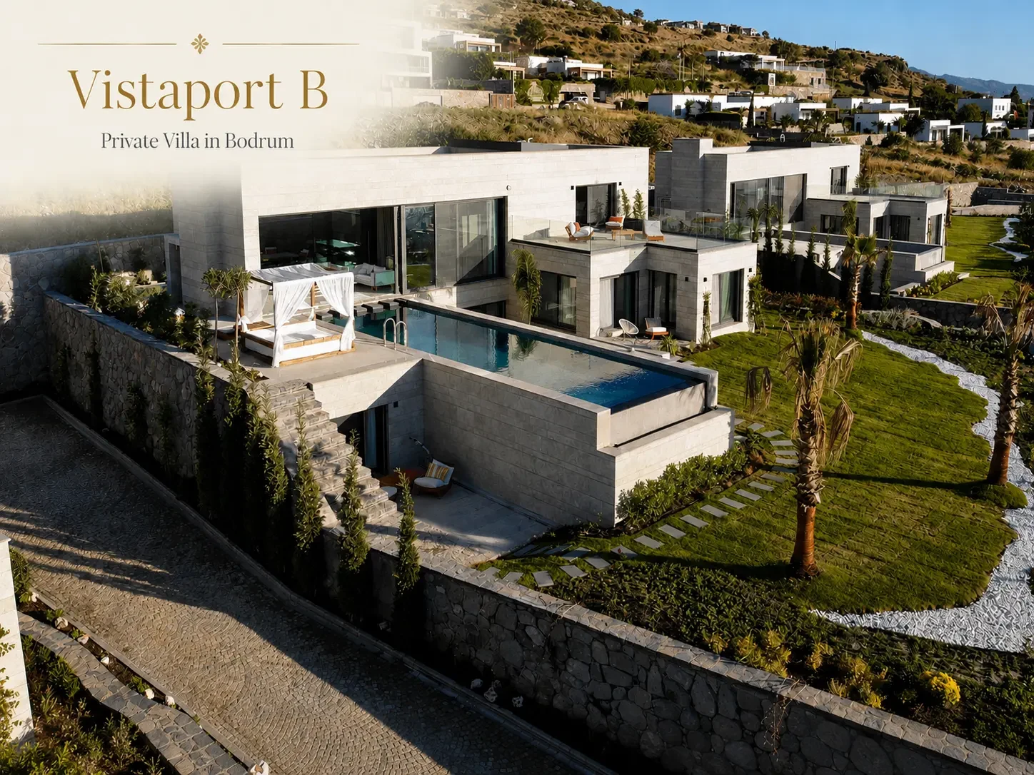 Vistaport B villa exterior with pool and terrace beside its neighbouring villa in Bodrum