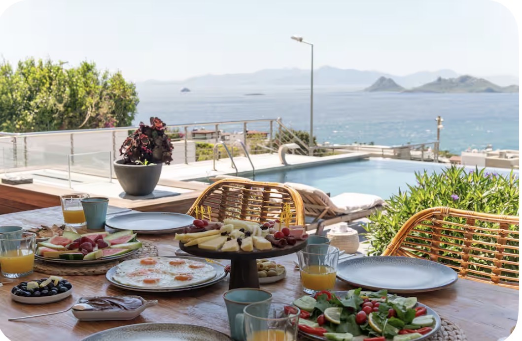 Breakfast overlooking the pool and sea at Marinhill Luxury Villas in Bodrum