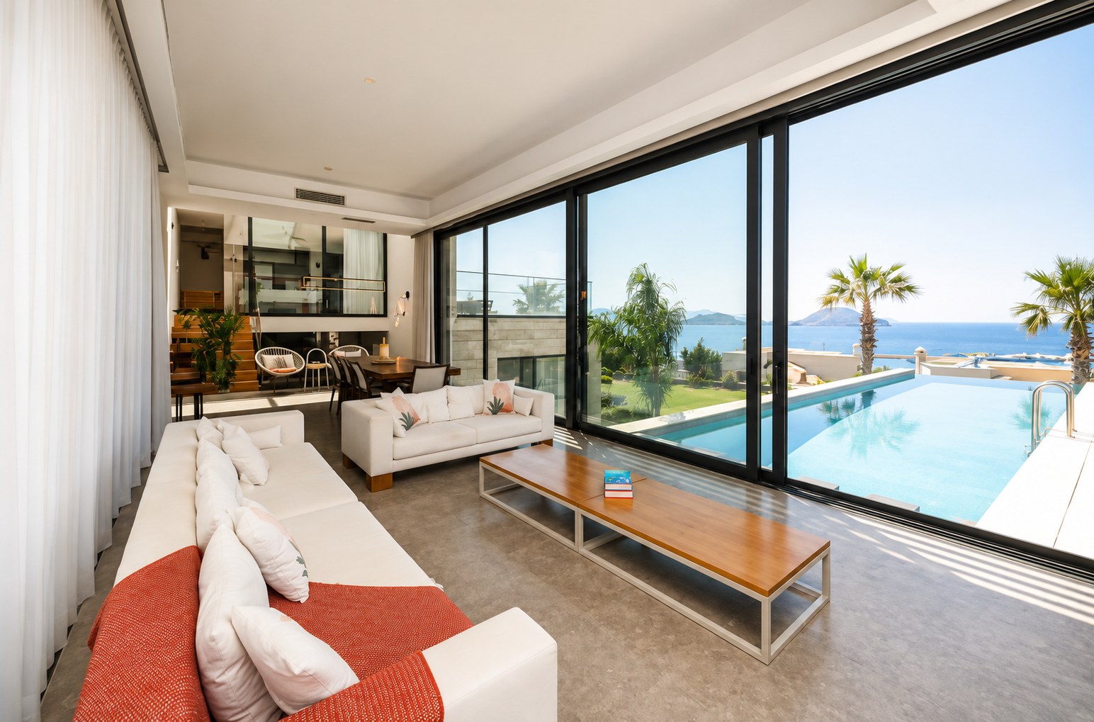 Sunlit villa living space with sea view used for a creator retreat in Bodrum