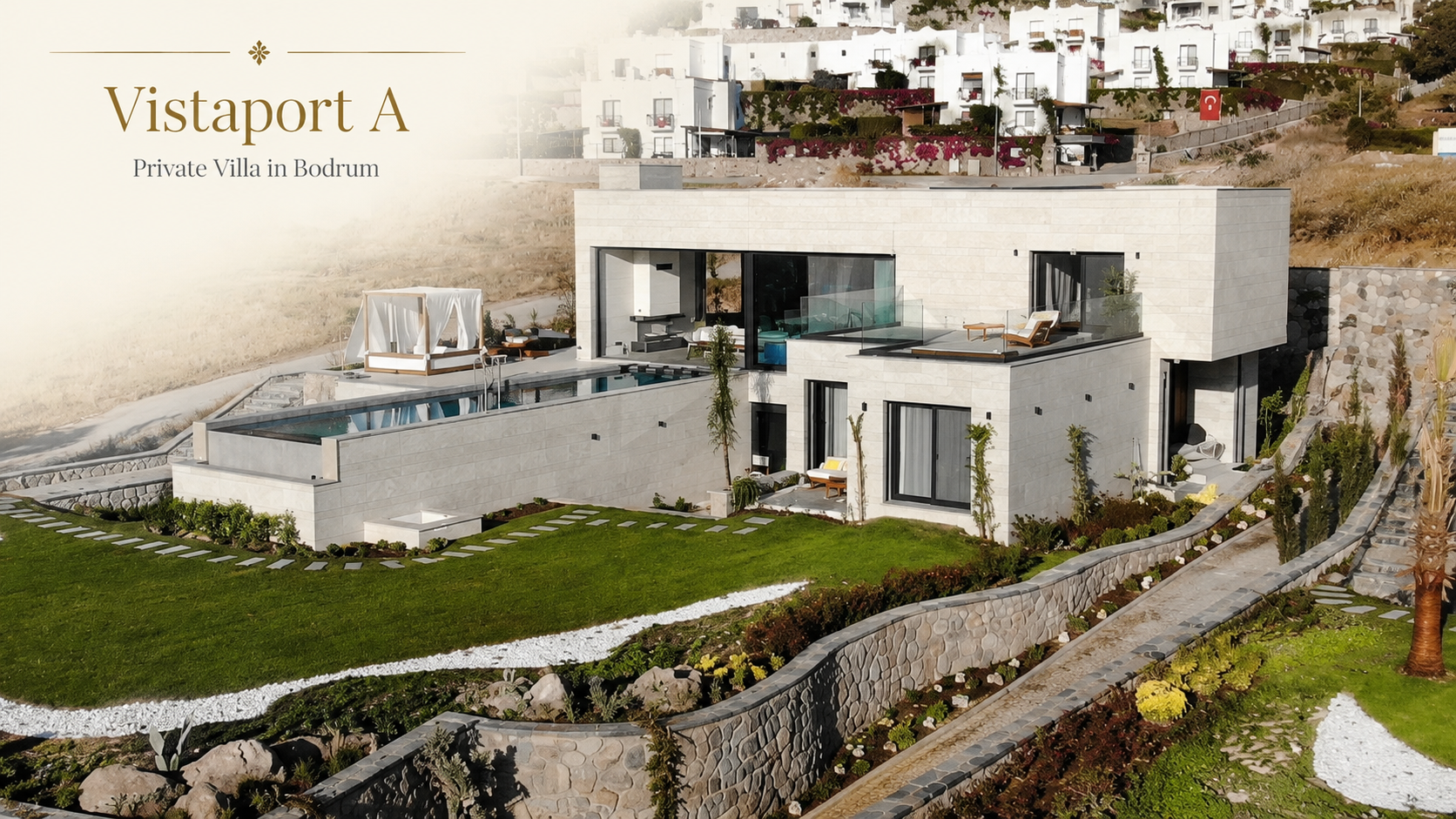 Vistaport A villa exterior with pool, terrace and garden in Bodrum