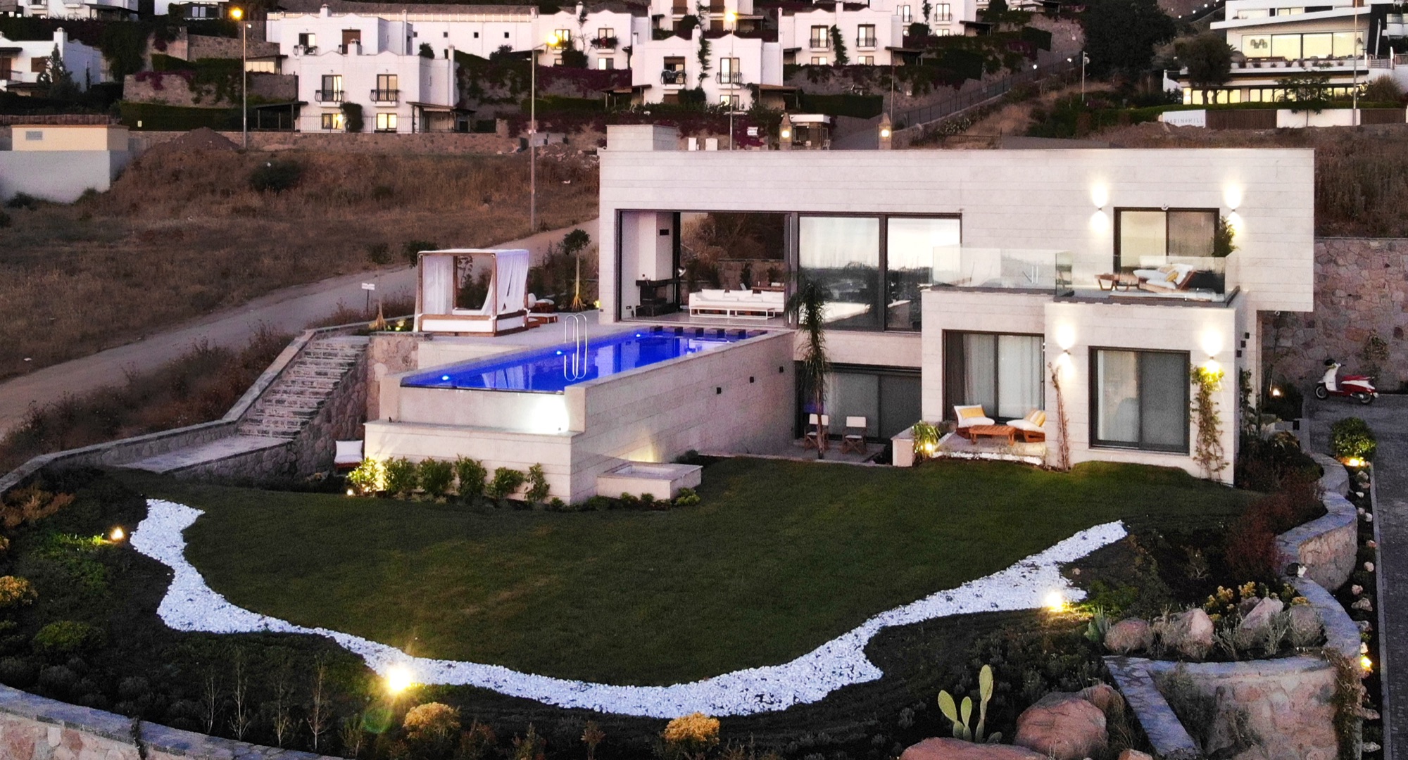 Vistaport B luxury villa exterior with private infinity pool and Aegean sea views in Turgutreis, Bodrum